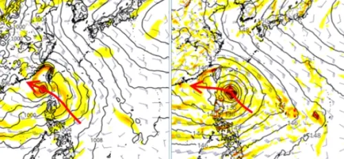 ▼吳德榮說，最新歐洲模式、美國模式第6天（周六晚間8時）模擬圖顯示，歐洲模擬熱帶系統已通過巴士海峽（下圖左），美國模擬則即將進入巴士海峽（下圖右），移速有明顯差異。（圖／翻攝「氣象應用推廣基金會」專欄）