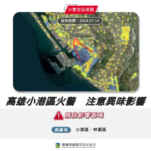 ▲受到三元能源科技公司火災影響，高雄市環保局針對小港區、林園區發布空氣品質提醒。（圖／高雄市環保局提供）