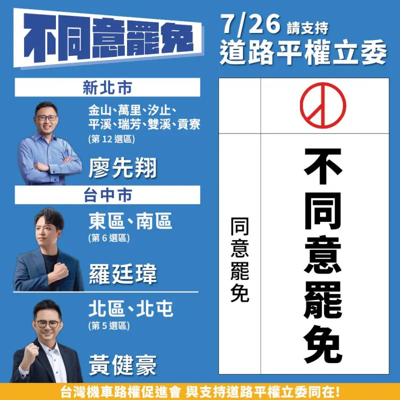 ▲台灣機車路權促進會表態不同意罷免廖先翔、羅廷瑋與黃健豪。（圖／翻攝自台灣機車路權促進會臉書）