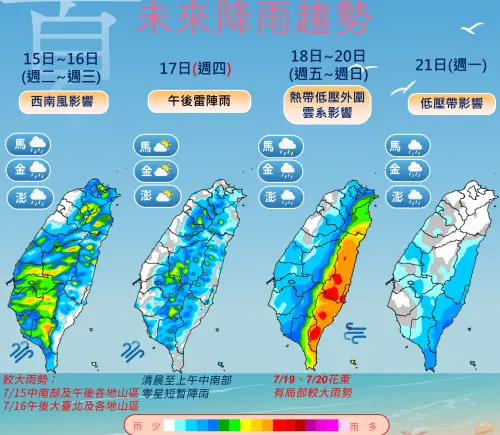 ▲台灣本週天氣不穩定，午後雷雨範圍廣闊，下半週還可能有颱風侵襲。（圖／中央氣象署）