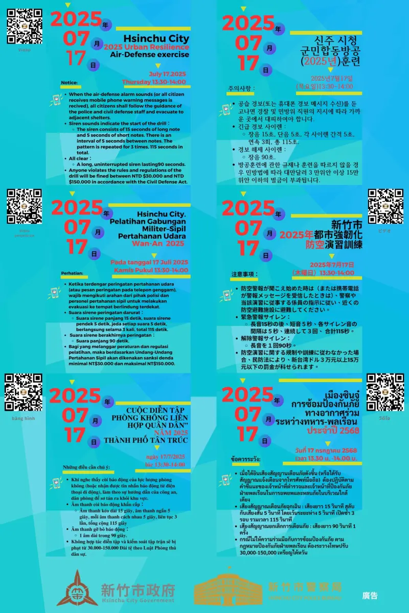 ▲2025城鎮韌性(防空)演習,新竹市府製作多國語言宣導海報。(圖/新竹市府提供)