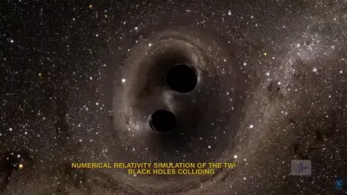 重力波「GW231123」的模擬圖,是一顆質量約是太陽100倍的黑洞,與另一個質量是太陽140倍的黑洞相互靠近之後,產生撞擊之後結合而產生。(圖/YT@MIT Kavli Institute) ▲重力波「GW231123」的模擬圖,是一顆質量約是太陽100倍的黑洞,與另一個質量是太陽140倍的黑洞相互靠近之後,產生撞擊之後結合而產生。(圖/YT@MIT Kavli Institute)