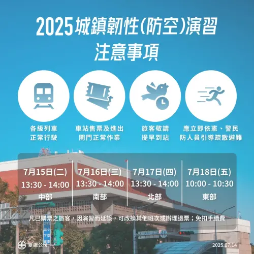 ▲城鎮韌性防空演習期間,臺鐵、高鐵各列車正常行駛。(圖/臺鐵公司提供) ▲城鎮韌性防空演習期間,臺鐵、高鐵各列車正常行駛。(圖/臺鐵公司提供)