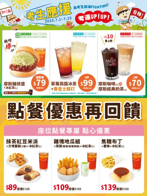 ▲摩斯漢堡今應援考生優惠最後一天！座位點餐專屬回饋送優惠券。（圖／翻攝自摩斯漢堡FB）