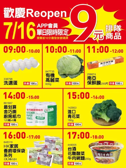 ▲愛買景美店經營近35年重新改裝開幕，7月16日限定7款商品下殺9元。（圖／愛買量販提供）