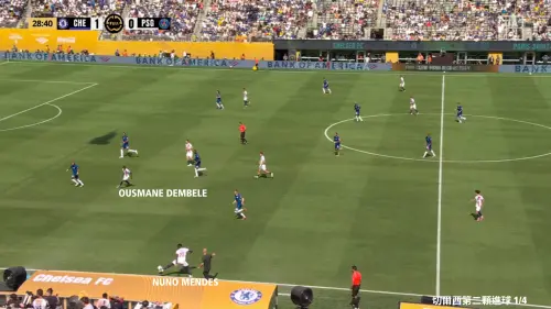 ▲Kvaraskhella壓迫完Gusto後，沒有緊盯著Gusto。Gusto馬上衝刺後，回撤拿球的Palmer一接到球，馬上看到Nuno Mendes的抱怨：要Kvaraskhella趕緊回撤協助防守。（圖／徐有辰提供）