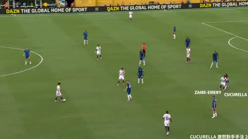 ▲圖八、Cucurella直接踢倒對手、又去推擠Zaire-Emery，又刻意碰撞Joao Neves，之後Joao Neves情緒失控拉了他的秀髮——這是紅牌動作，宣判了PSG這場比賽的死刑。（圖／徐有辰提供）