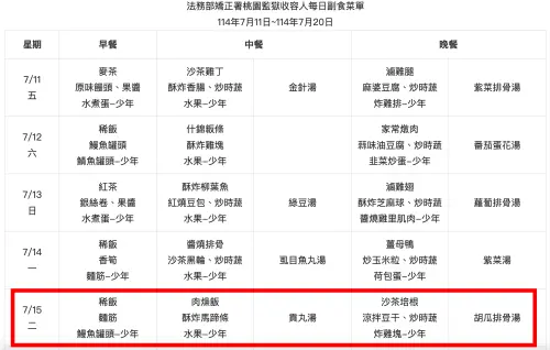 ▲鄧佳華今天餐點也很豐富，蔬菜、肉類樣樣都有，營養相當均衡，但有網友表示：「看完這菜單，我決定好好做人。」（圖／翻攝自法務部矯正署桃園監獄）