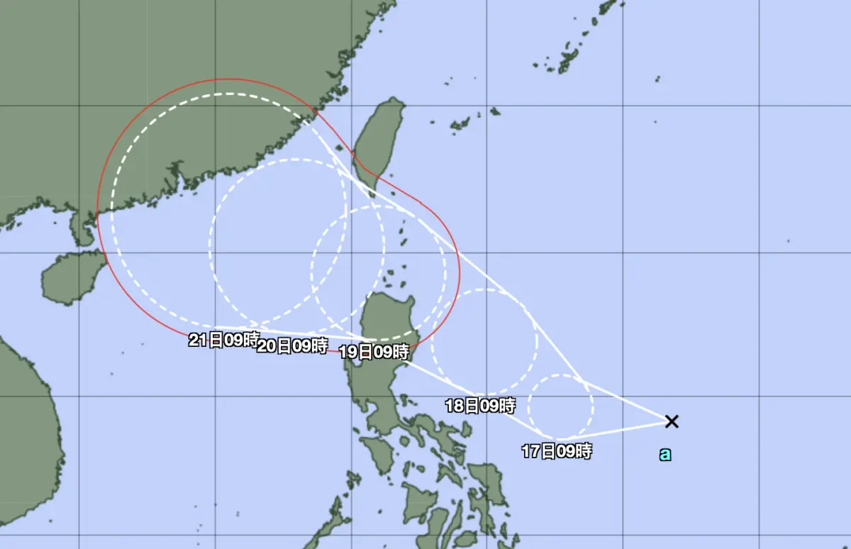 ▲菲律賓東方海面有「熱帶性低氣壓」形成，預估24小時內有機會增強為颱風「薇帕」。（圖／日本氣象廳）