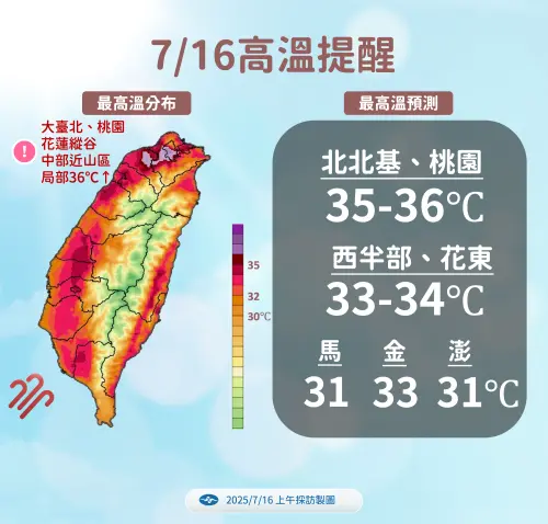 ▲全台高溫悶熱，大台北地區因為西南風沉降影響，要注意36度以上氣溫。（圖／中央氣象署）