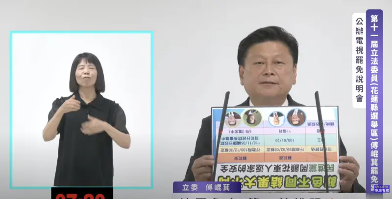▲傅崐萁赴公辦電視說明會，過程中一度拿反手板。（圖／翻攝自洄瀾有線電視YT）