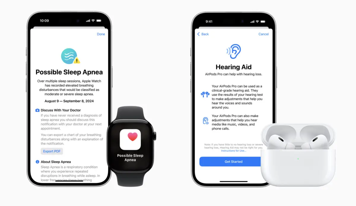 ▲蘋果今（16）日宣布，已獲得衛福部的醫療器材許可，正式在台灣推出 Apple Watch 睡眠呼吸中止症通知功，另外，AirPods Pro 2 耳機則提供非處方「助聽」功能。（圖／翻攝官網）