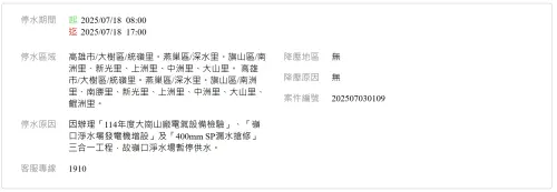 高雄市9個里7月18日受到工程影響將停水9小時。(圖/台灣自來水公司官網) ▲高雄市9個里7月18日受到工程影響將停水9小時。(圖/台灣自來水公司官網)