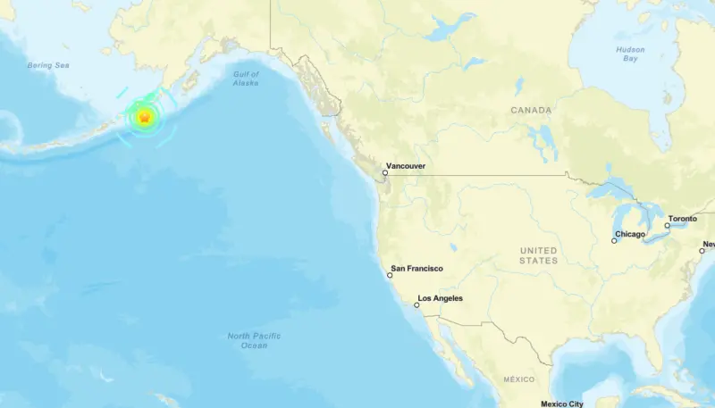 ▲阿拉斯加當地時間16日中午發生規模7.3強震，美國國家氣象局一度發布海嘯警報。（圖／美國地質調查局USGS）