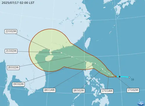 ▲中央氣象署說明，目前熱帶性低氣壓TD09以17日2時的中心位置在北緯 14.3 度，東經 128.8 度，以每小時19公里速度，向西北西進行。（圖／中央氣象署）