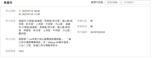 ▲高雄明日受到三合一工程影響，將有11個里停水9小時。（圖／台灣自來水公司）