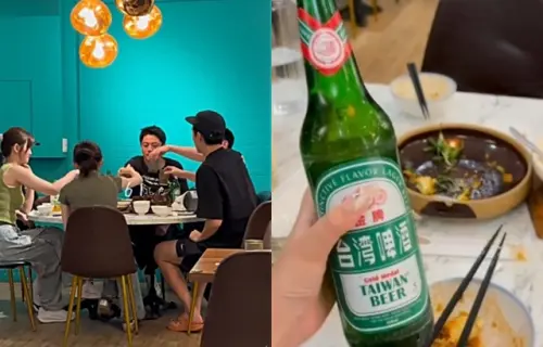 ▲霍建華（右3）身旁沒有林心如！現身嘉義餐廳被偶遇　超親民請粉絲喝台啤。（圖／翻攝自小紅書）
