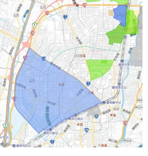 ▲台水公司宣布因管閥漏水，台中市臨時大規模停水29小時，圖中藍色範圍為停水，綠色範圍為降壓。（圖／台水公司提供，2025.07.17）