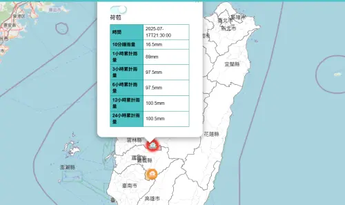 雲林古坑鄉17日晚間9點半時雨量89毫米。(圖/水利署) ▲雲林古坑鄉17日晚間9點半時雨量89毫米。(圖/水利署)