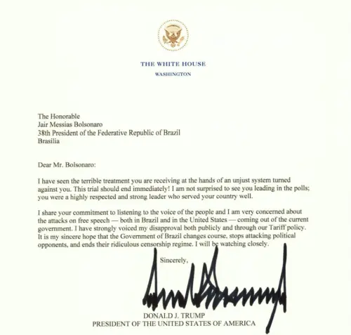 ▲川普公開對巴西前總統波索納洛的支持信件。(圖/擷取自Truth Social) ▲川普公開對巴西前總統波索納洛的支持信件。(圖/擷取自Truth Social)