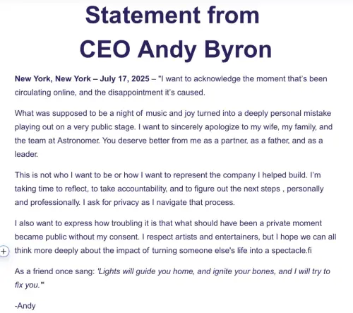 ▲不倫戀被Coldplay拆穿！Astronomer執行長尷尬道歉了：會盡力修補（圖／翻攝自X）