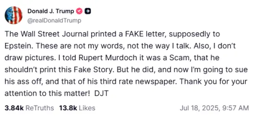 ▲美媒《華爾街日報》披露，在艾普斯坦50歲生日時，尚未當上總統的川普曾送上一張有裸女輪廓圖的署名信箋。對此，川普否認並揚言對「三流報紙」提告。（圖／翻攝自川普Truth Social）