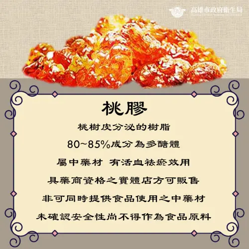 ▲桃膠主成分（約占80至85%）為多醣體，常被民眾誤以為含豐富膠原蛋白，具養顏美容功效。（圖／高市衛生局）