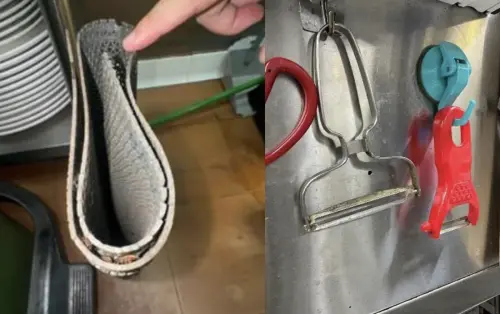 ▲新加坡食品局與衛生部在事發後進入雲海肴位於義順北城（Northpoint City）的門市調查，發現廚房衛生極差，不僅削皮器與架子沾滿污垢，甚至在灰色塑膠墊下發現超過十隻活蟑螂。