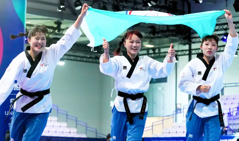 ▲由郭彥妤、陳歆雅與楊長螢組成的中華女團，為台灣代表團帶來本屆賽會首面獎牌與首面金牌。（圖／大專體總提供）