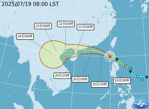 ▲颱風中心19日11時的中心位置在北緯 20.5 度，東經 119.5 度，即在鵝鑾鼻的西南方約 210 公里之處