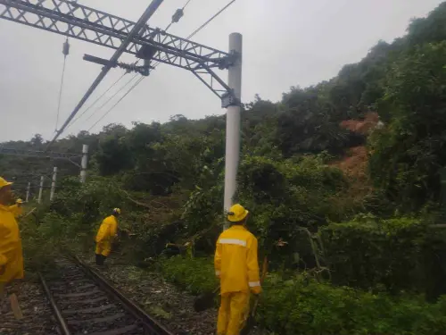 ▲部分鐵道也遭樹木、土石入侵，台鐵工務人員緊急搶修中。（圖／讀者提供）