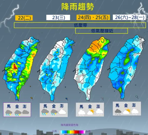 ▲週二、週三，台灣降雨還是低壓帶導致，週四之後要注意可能生成的颱風影響，北台灣雨勢將增多。（圖／中央氣象署）