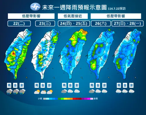 週二、週三,台灣降雨還是低壓帶導致,週四之後要注意可能生成的颱風影響,北台灣雨勢將增多。(圖/中央氣象署) ▲週二、週三,台灣降雨還是低壓帶導致,週四之後要注意可能生成的颱風影響,北台灣雨勢將增多。(圖/中央氣象署)