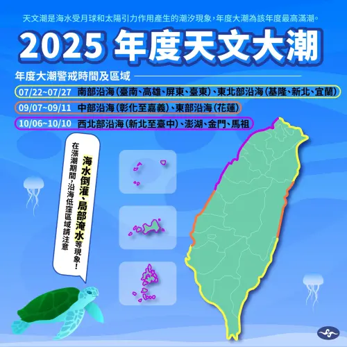 ▲本週二至週日迎接今年第一波「年度大潮」，沿海地區務必慎防淹水、海水倒灌。（圖／中央氣象署）