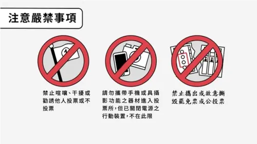 ▲投票當天要注意上述嚴禁事項，以免觸法遭罰。（圖／翻攝自中選會臉書）