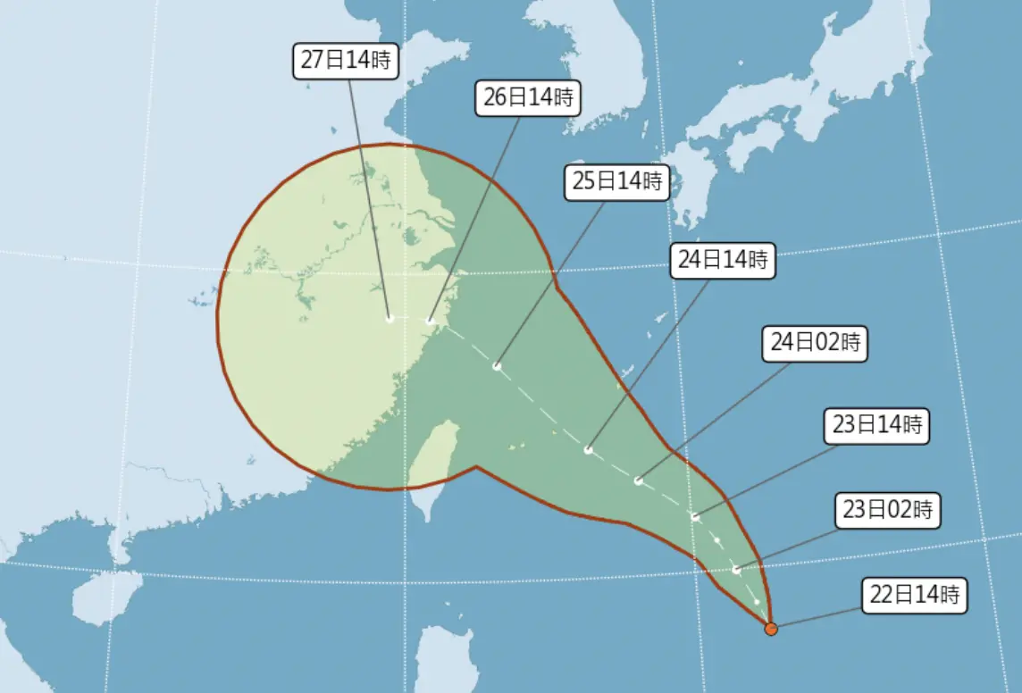 ▲菲律賓東方海面的「熱帶性低氣壓」形成，預估24小時內有機會增強為颱風「范斯高」。（圖／中央氣象署）