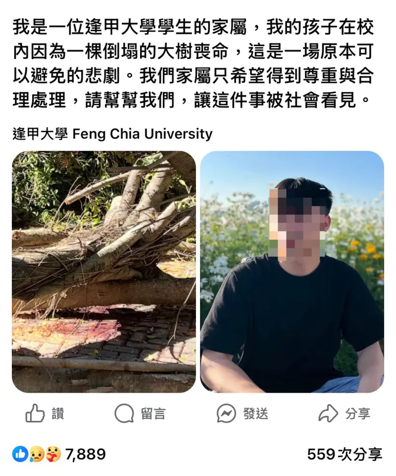 ▲ 台中逢甲大學6月中發生校園榕樹倒塌意外，導致年僅23歲的吳姓男學生不幸身亡。吳生母親在社群平台悲痛發聲，直指校方試圖以「公共意外」定調結案。（圖／翻攝畫面）
