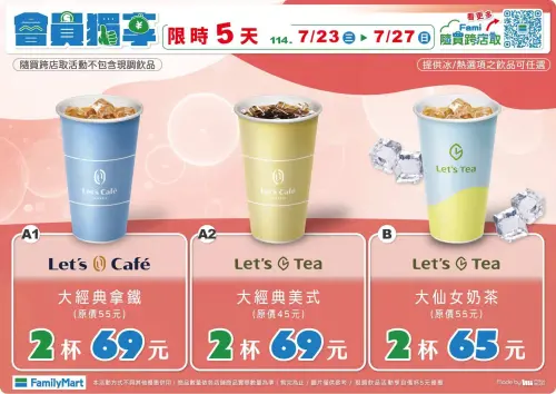 全家今起經典拿鐵14元多喝一杯,大杯仙女奶茶10元多喝一杯。(圖/全家提供) ▲全家今起經典拿鐵14元多喝一杯,大杯仙女奶茶10元多喝一杯。(圖/全家提供)