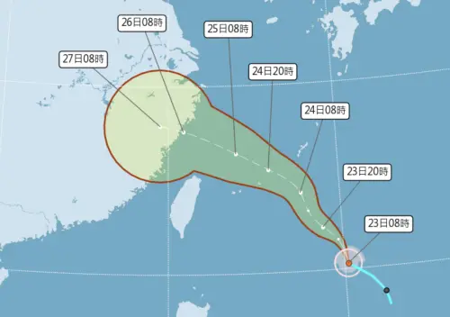 第7號颱風「范斯高」今(23)日上午8時生成,未來路徑將朝西北移動,並通過台灣北部海面。(圖/中央氣象署) ▲第7號颱風「范斯高」今(23)日上午8時生成,未來路徑將朝西北移動,並通過台灣北部海面。(圖/中央氣象署)