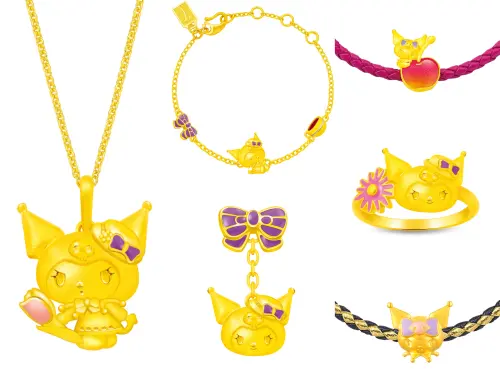 三麗鷗2026桌曆玩故宮國寶!布丁狗拿肉形石、大耳狗坐青瓷蓮花碗 ▲Just Gold鎮金店今夏首度推出以酷洛米為主角的「酷洛米復古野餐趣純金系列」金飾。(圖/Just Gold鎮金店提供)