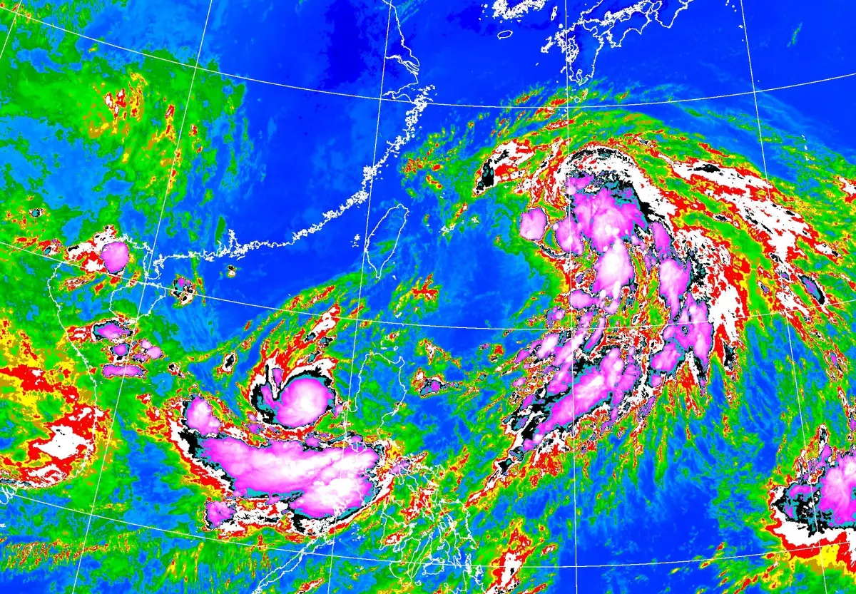 ▲颱風范斯高、竹節草相繼生成，中央氣象署表示，今日受到颱風外環雲系影響，北部地區將會出現短暫陣雨與雷雨。氣象專家吳德榮說明，雙颱呈現「藤原效應」，路徑逆時針互繞大交錯。（圖／中央氣象署）
