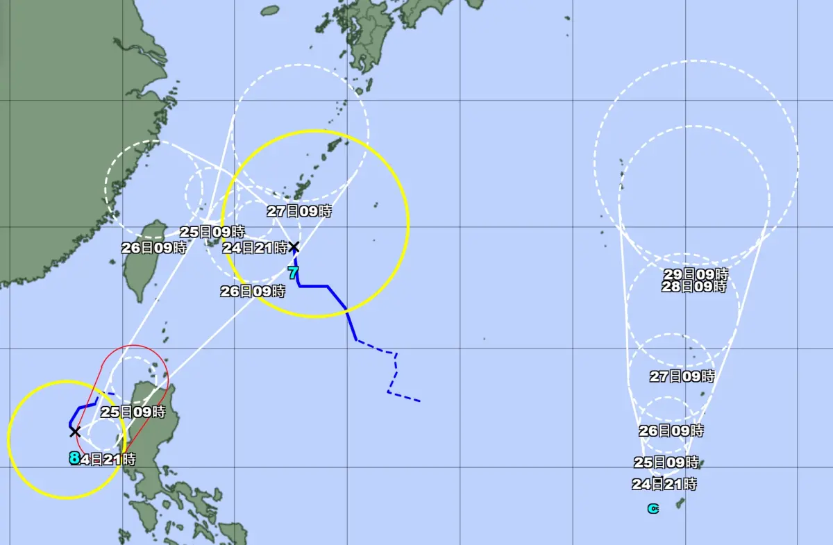 ▲日本氣象廳今日稍早發布烈風警告，今年第9號颱風「柯羅莎」（Krosa，柬埔寨提供）最快將在今晚生成，目前預測路徑將往持續往北方移動。（圖／翻攝日本氣象廳）