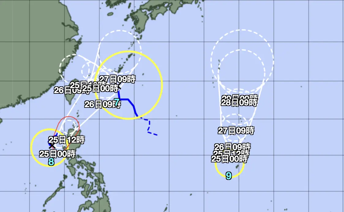 ▲今年第9號颱風「柯羅莎」生成， 與「范斯高颱風、竹節草颱風」形成「三颱共舞」的現象（圖／日本氣象廳）