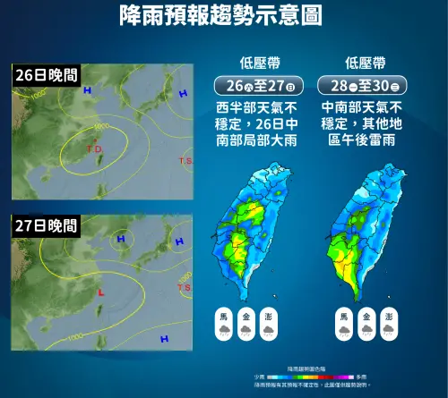 ▲颱風遠離後低壓帶接手，台灣不穩定的天氣環境將持續至下週。（圖／中央氣象署）