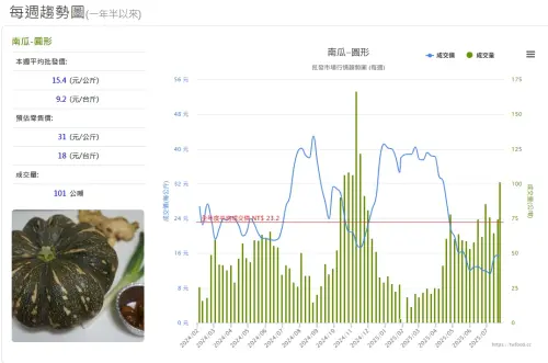 ▲南瓜價格本周稍微回彈至每公斤批發價15.4元，還是低於全年成交均價。（圖／當季好蔬果網站）