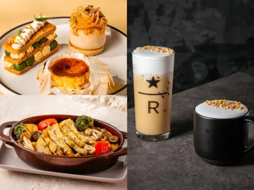 ▲左起：玄米抹茶法式千層派、栗子甘藷蒙布朗、白味噌巴斯克起司蛋糕等主廚甜點組合，義式烤雞燉菜盅，吉栗甜心那堤 。（圖／星巴克提供）