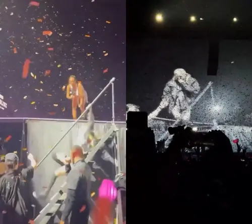 ▲多倫多第一天演出，Rosé表演到一半重摔滾下樓（左），工作人員第二天學乖，牽著她下樓（右）。（圖／翻攝X）