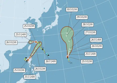 西北太平洋上的3個颱風,只有范斯高颱風對台灣影響較大,竹節草、柯羅莎並無威脅。(圖/中央氣象署) ▲西北太平洋上的3個颱風,只有范斯高颱風對台灣影響較大,竹節草、柯羅莎並無威脅。(圖/中央氣象署)