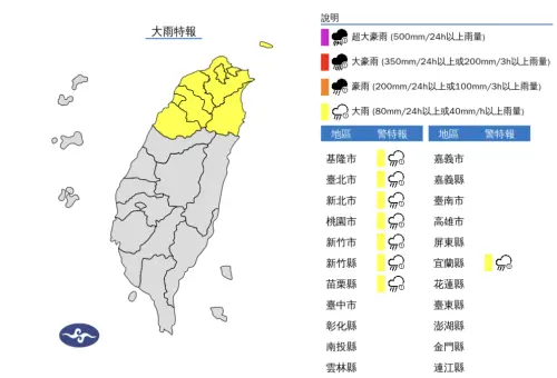▲范斯高颱風殘留的外圍雲系仍在影響北台灣，苗栗以北、宜蘭等8縣市持續發布「大雨特報」。（圖／中央氣象署）