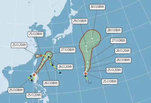 台灣北方的范斯高颱風減弱為熱帶低壓,菲律賓附近的竹節草、關島附近的柯羅莎路徑都不會影響台灣。(圖/中央氣象署) ▲台灣北方的范斯高颱風減弱為熱帶低壓,菲律賓附近的竹節草、關島附近的柯羅莎路徑都不會影響台灣。(圖/中央氣象署)
